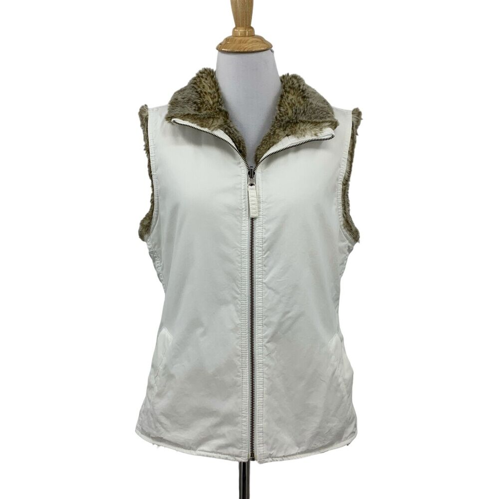 Gap Vest Womens M Medium Ivory Reversible Faux Fur Woven Sleeveless Full Zip